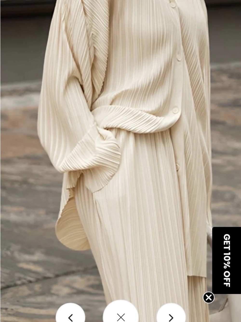 Commense Cream Pleated Long-Sleeve Button Dress
